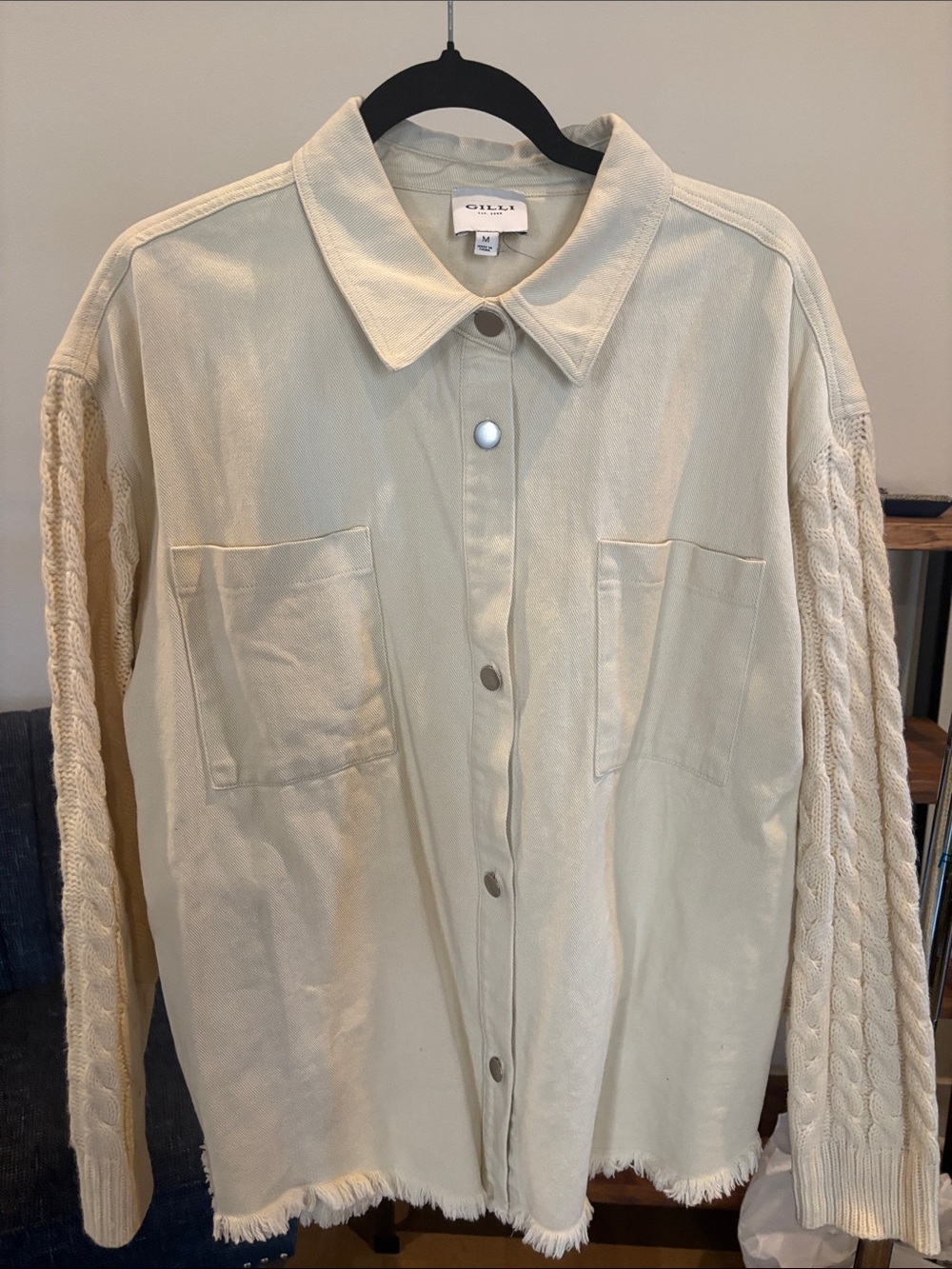 Gilli Cream Button-Front Utility Jacket with Cable-Knit Sleeves